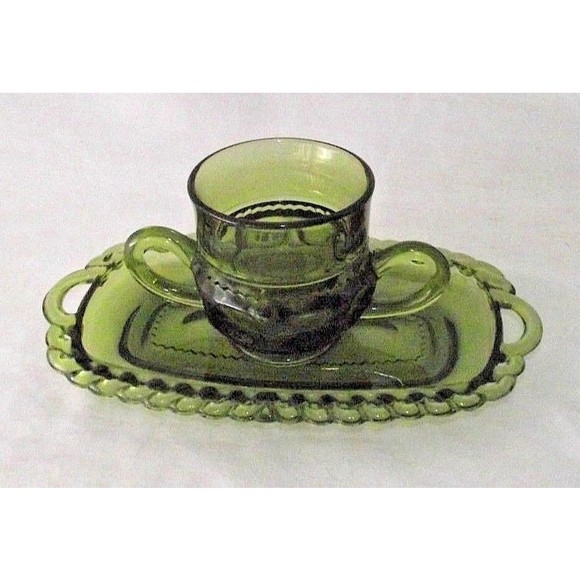 Kings Crown Green Indiana Glass Creamer Dish Thumbprint Butter Replacement Vtg - Picture 3 of 9